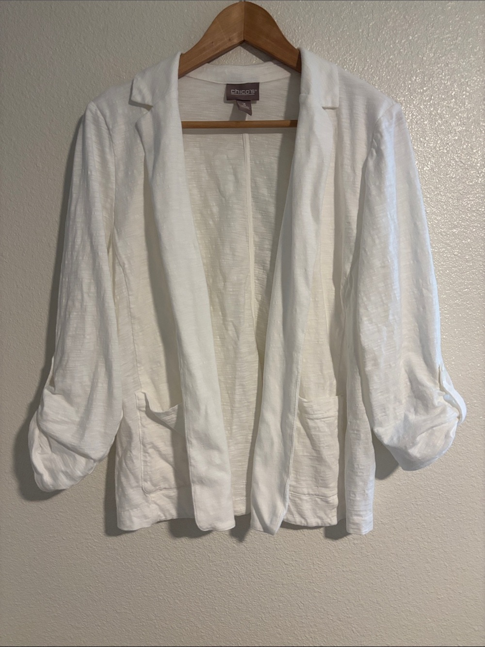 Chico’s 100% Cotton White Open Front Blazer Jacket Pockets Casual Minimalist